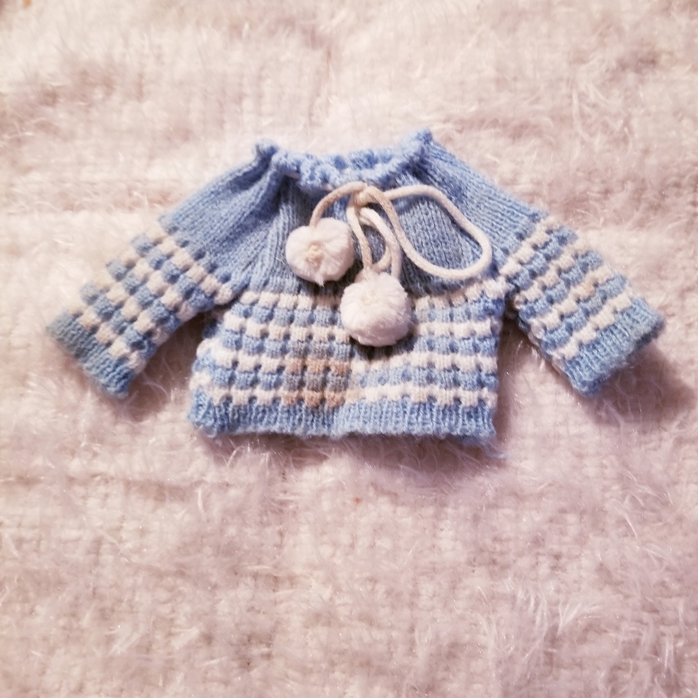 Blue with White Pom Poms Knitted Doll Sweater Vintage TLC